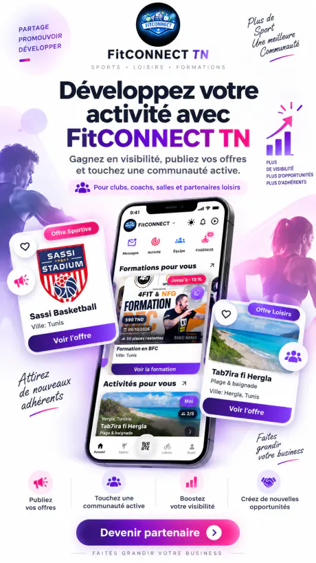 Affiche FitCONNECT TN partenaires : publiez vos offres, touchez une communauté active, gagnez en visibilité