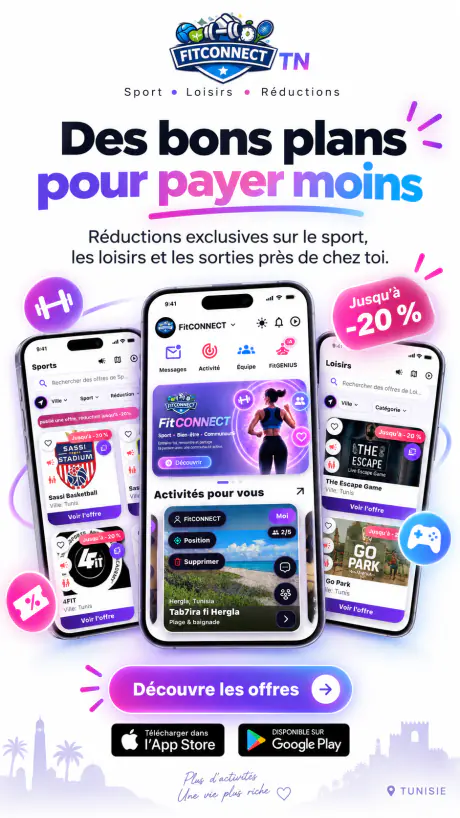 Affiche FitCONNECT TN : réductions exclusives jusqu’à 20 % sur le sport et les loisirs près de chez vous